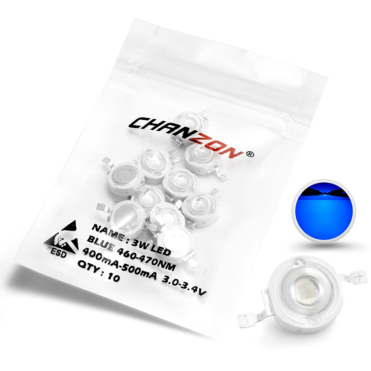 Chanzon 10 Pcs High Power Led Chip On Board 3W Blue (400Ma - 500Ma / Dc 3V - 3.4V / 3 Watt) Super Bright Intensity Smd Cob Light