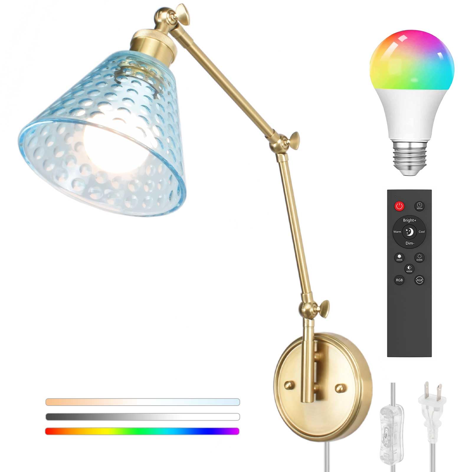 BARSUNS Swing Arm Wall Sconce, Adjustable Brightness, RGBW Bulb with Remote, Gold Lamp Body & Blue Shade, Model BS-WL351YB-B
