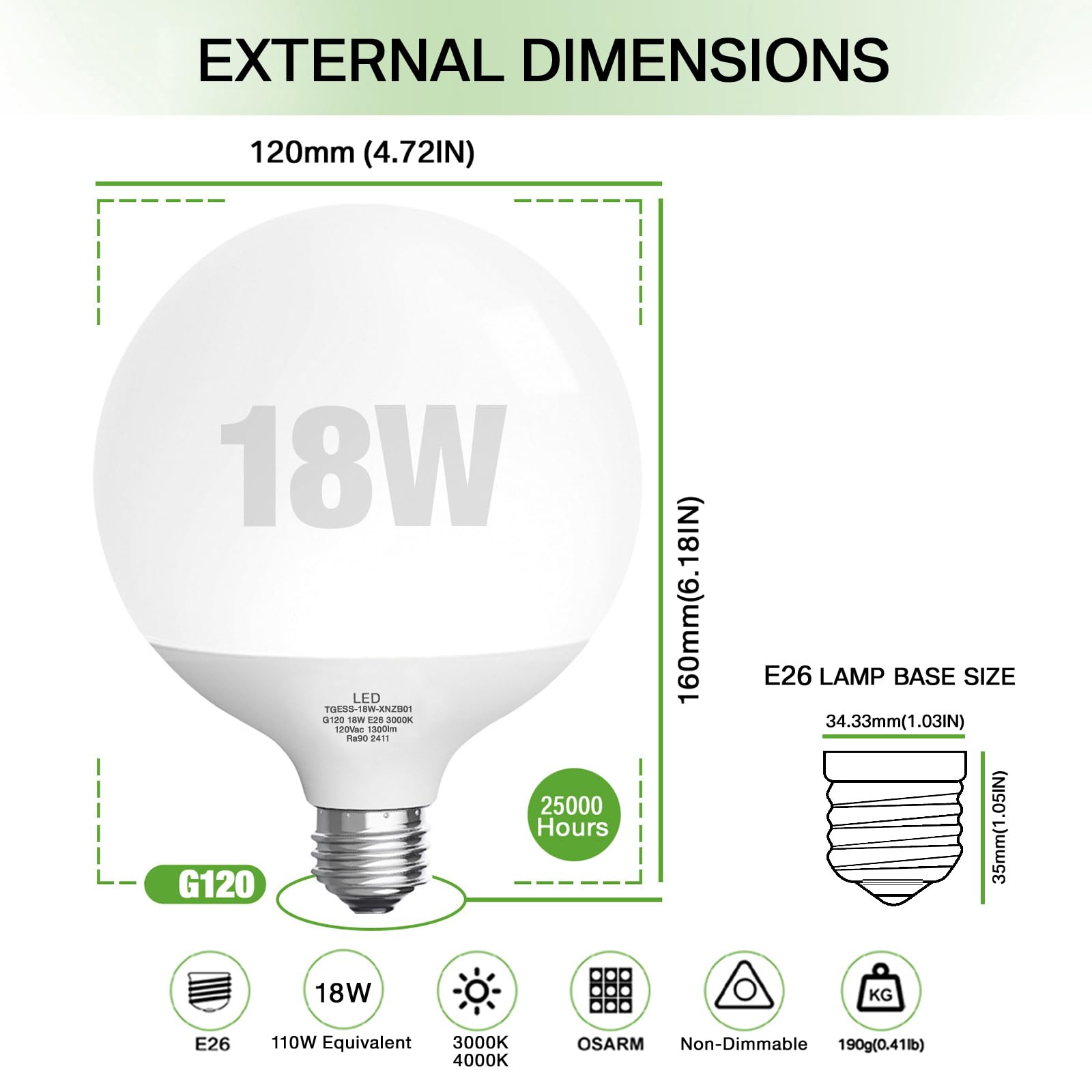 Led Light Bulb,G120 Globe Bulb,18W Globe Light Bulbs,Daylight 4000K Led Bulb,Non-Dimmable,E26 Base Large Decorative Lamp,1400 Lu