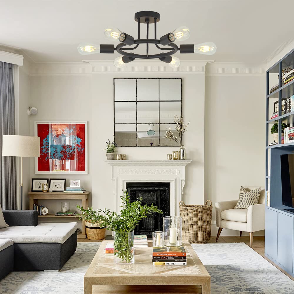 BONLICHT 6-Light Sputnik Chandelier, Black Metal Semi Flush Mount, Model 3020-6C-BL, Industrial Starburst Style for Kitchen/Dining Room