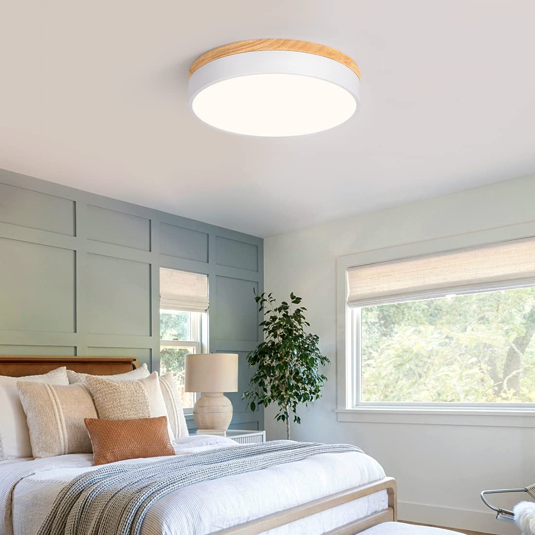 Goomavi Modern Dimmable LED Ceiling Light, 11.8in Round White Wood, 2700K-6000K, Minimalist Flush Mount Lamp for Bedroom, Kitchen, Hallway