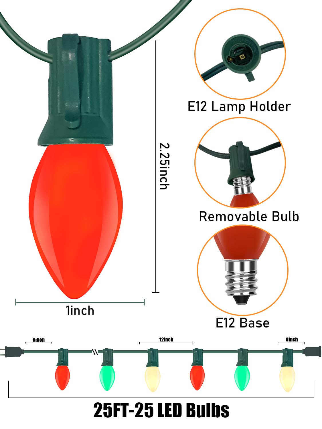 C7 Led Christmas Lights Outdoor, 25Ft Vintage Christmas String Lights With 27 Red Green White Led Bulbs(2 Spare), Classic Christ