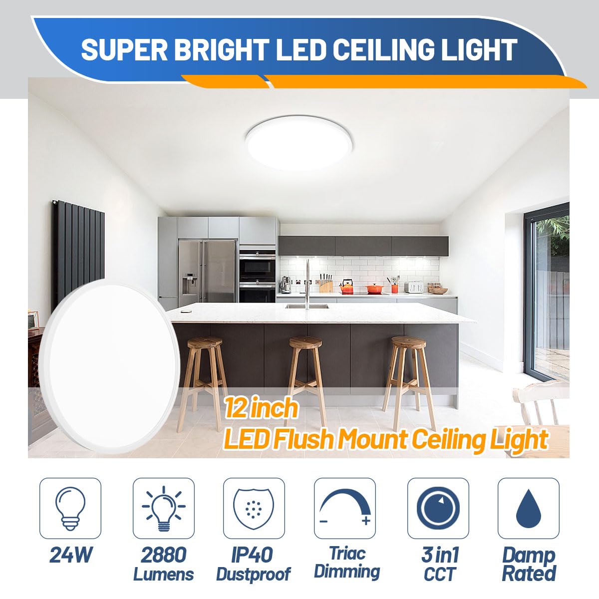 Allsmartlife Flush Mount Led Ceiling Light 2 Pack, 24W 2880Lm,3000K/4000K/6500K, 12 Inch Ceiling Light For Bedroom, Bathroom, La