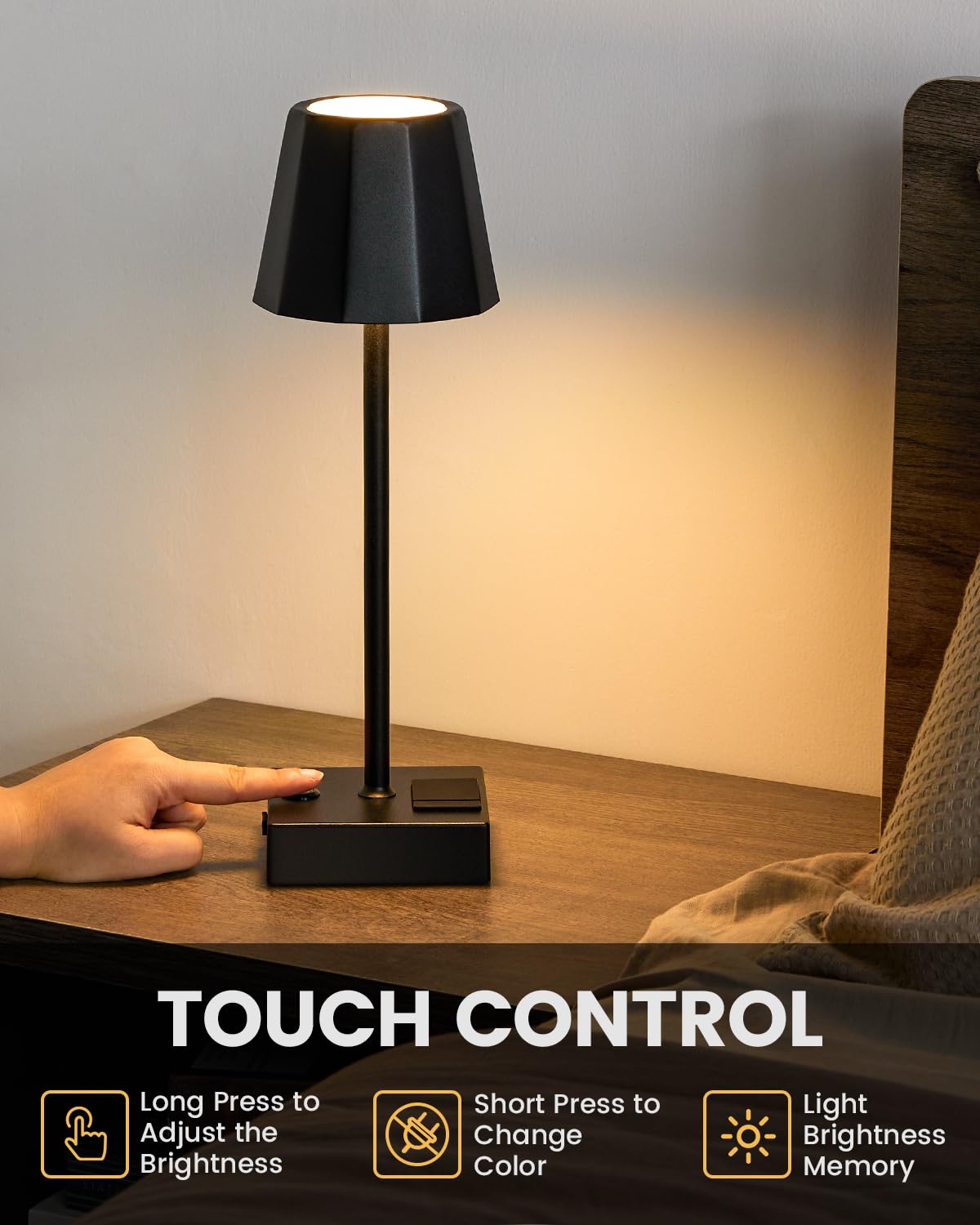 Niaycouky Cordless Table Lamp - 8000Mah Rechargeable, Touch Control, 3 Color Dimming, Black