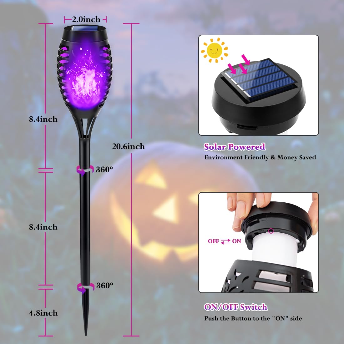 LNRYY Solar Torch Lights, Waterproof LED, Flickering Flame, 6 Pack, Purple Halloween Decorations for Outdoor Yard Pathway