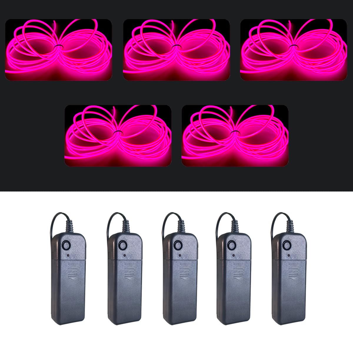 MaxLax EL Wire 5 Pack, 9ft Neon Light Wire Noise Reduction with Battery Pack(9ft-Pink)