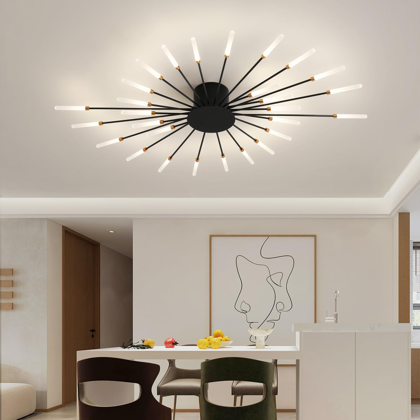 Ziidoo Modern Ceiling Light Fixtures  28 Lights Metal Firework Designed Chic Led Lighting For Farmhouse Kitchen Dining Room Bedroom Hallway Living Room (Black)