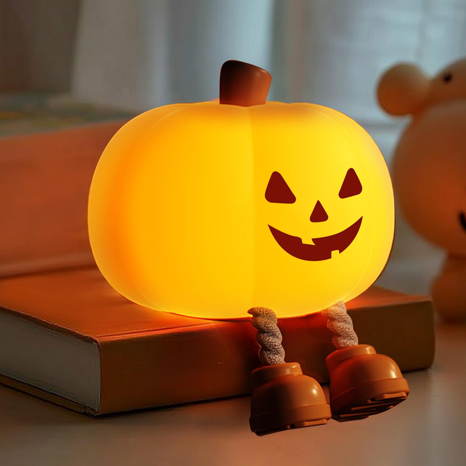 Gefaxi Pumpkin Night Light - Cute Jack O Lantern Decor, Cordless & Rechargeable, Small, Yellow, Model NGB-SU-170