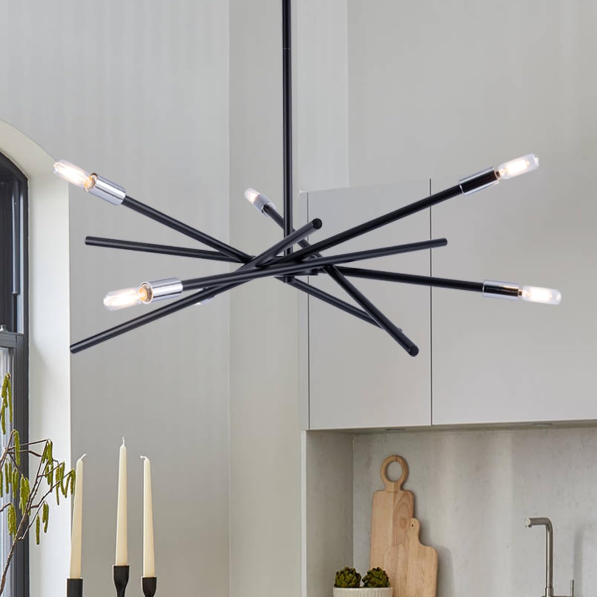 VILUXY Modern Sputnik Chandelier 6 Lights Metal Black Ceiling Pendant 31.5 inches