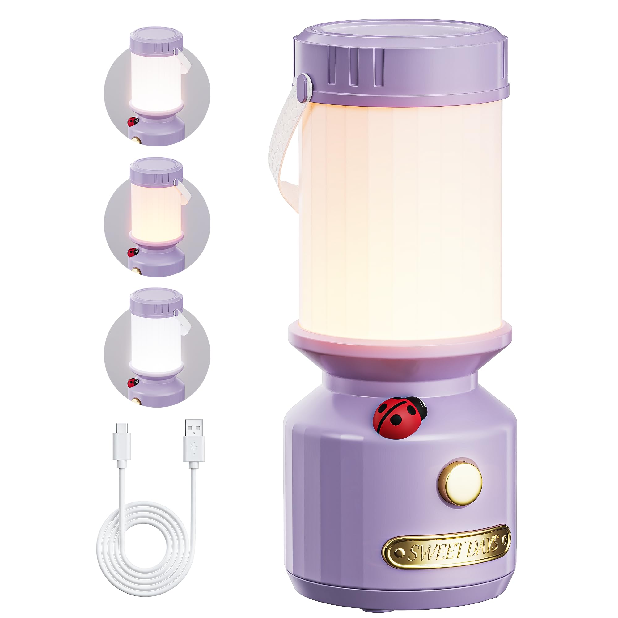 HOMY Ladybug Rechargeable Camping Lantern for Kids, 3-Color Dimmable LED, Tent Hook & Handle, Small Portable USB Safe Night Ligh