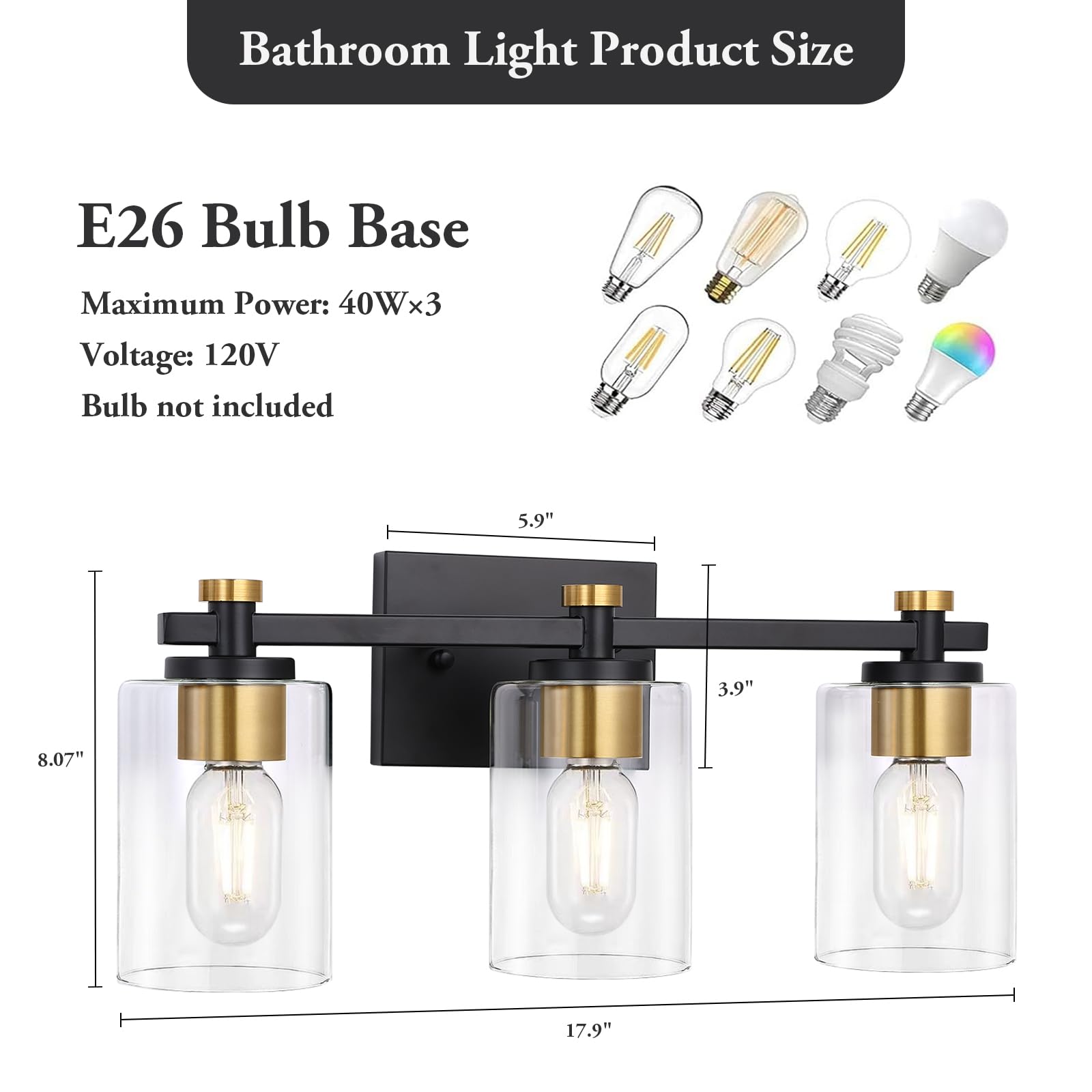 Jdvads 3 Light Bathroom Vanity Light Fixtures, Black and Gold, Metal, Clear Glass Shade, Model VL001-3-BG