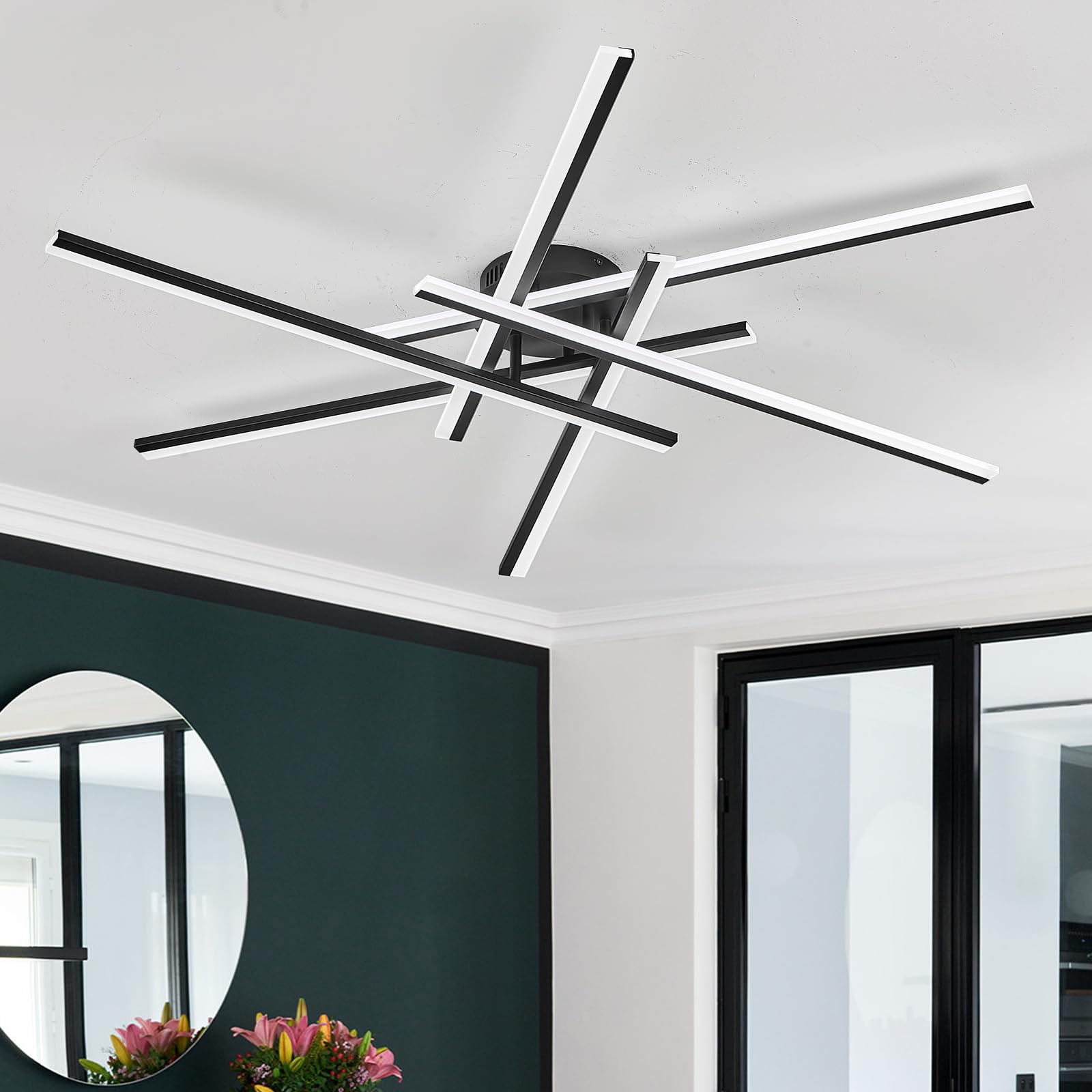 Airyphant Modern Led Chandelier With Remote Control  6-Lights Black Semi-Flush Mount Ceiling Lighting Fixture For Living Room  Bedroom  Dining Room 60W