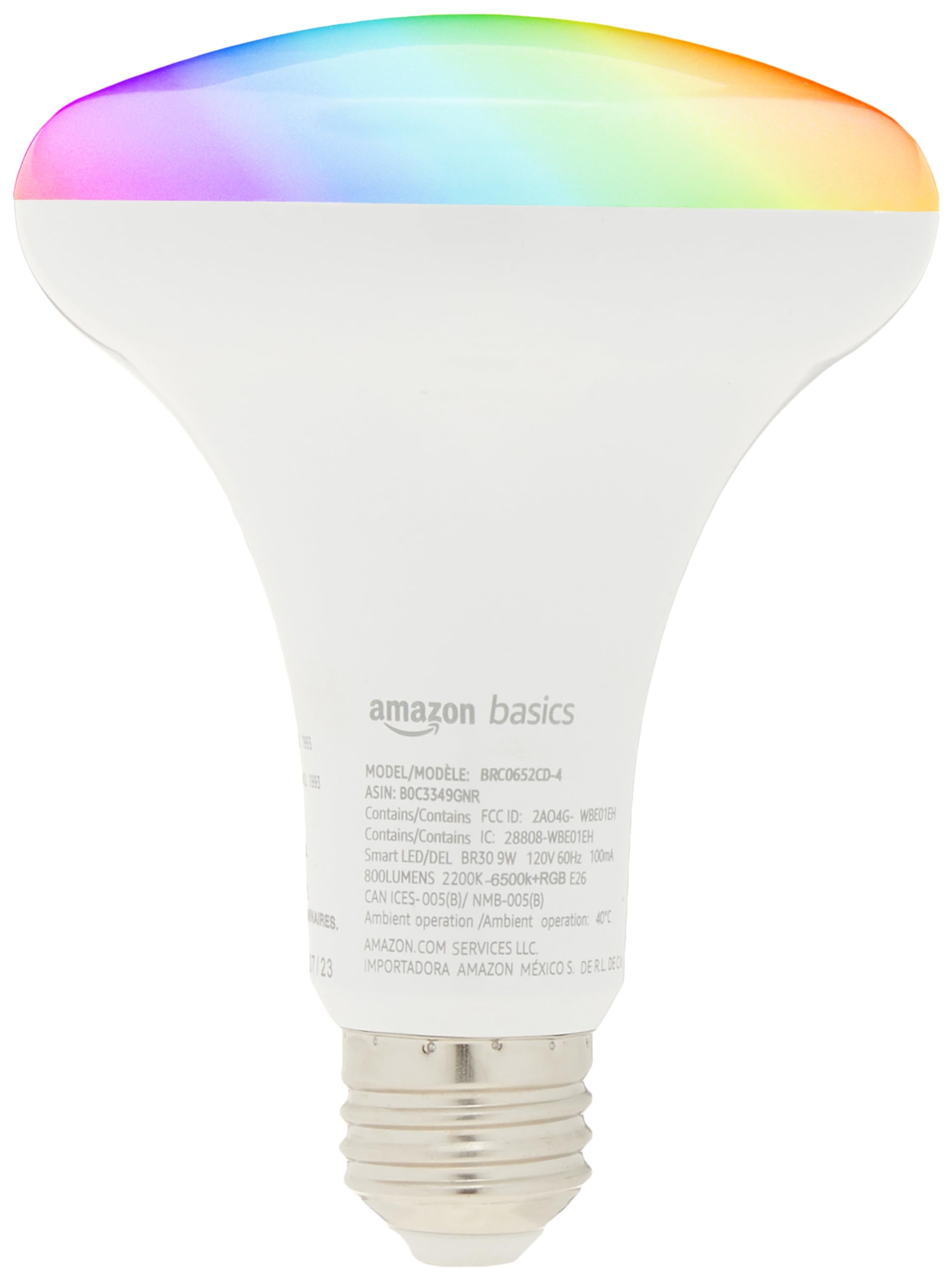 Amazon Basics Smart BR30 LED Bulb, Color Changing, 9W, 800LM, Works with Alexa, 1 Pack, Multicolor