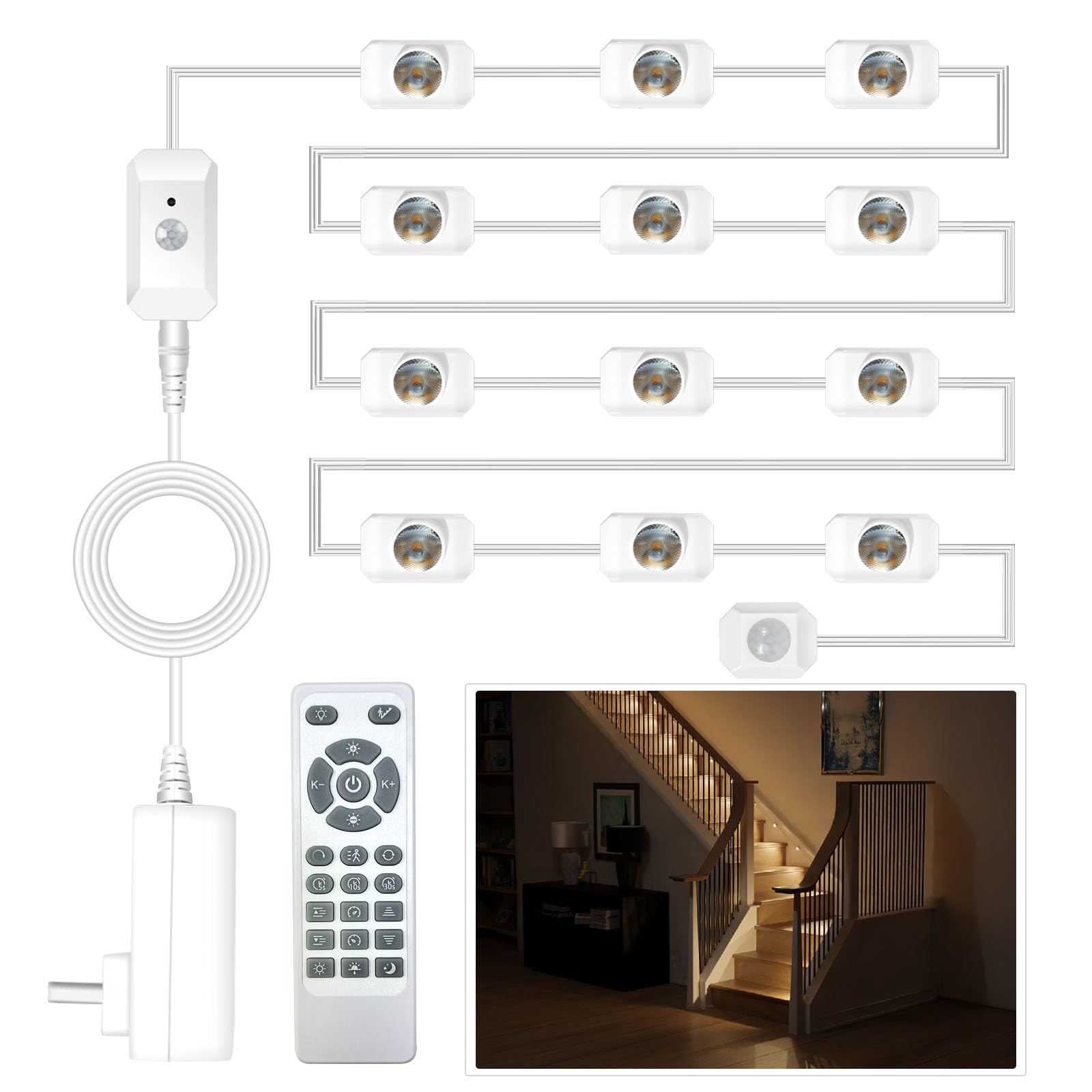 Ameistor Smart Stair Lights Motion Sensor Indoor, Plug-In Led Step Lights Indoor With Cascading Effect, Dimmable, 3000K-6000K (20 Stairs)