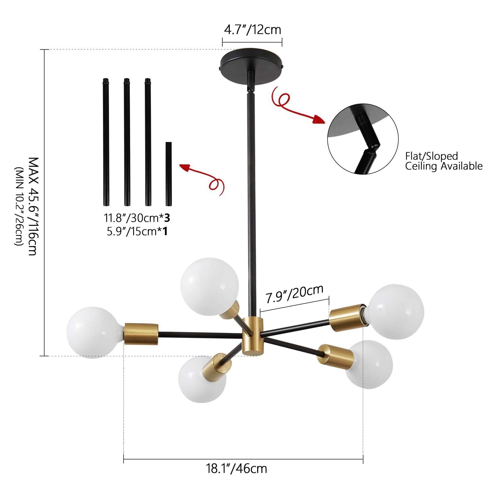 KAISITE 5-Light Sputnik Chandelier - Modern Metal Ceiling Pendant Light, Adjustable Height, Gold and Black for Living Room, Kitchen, Bedroom
