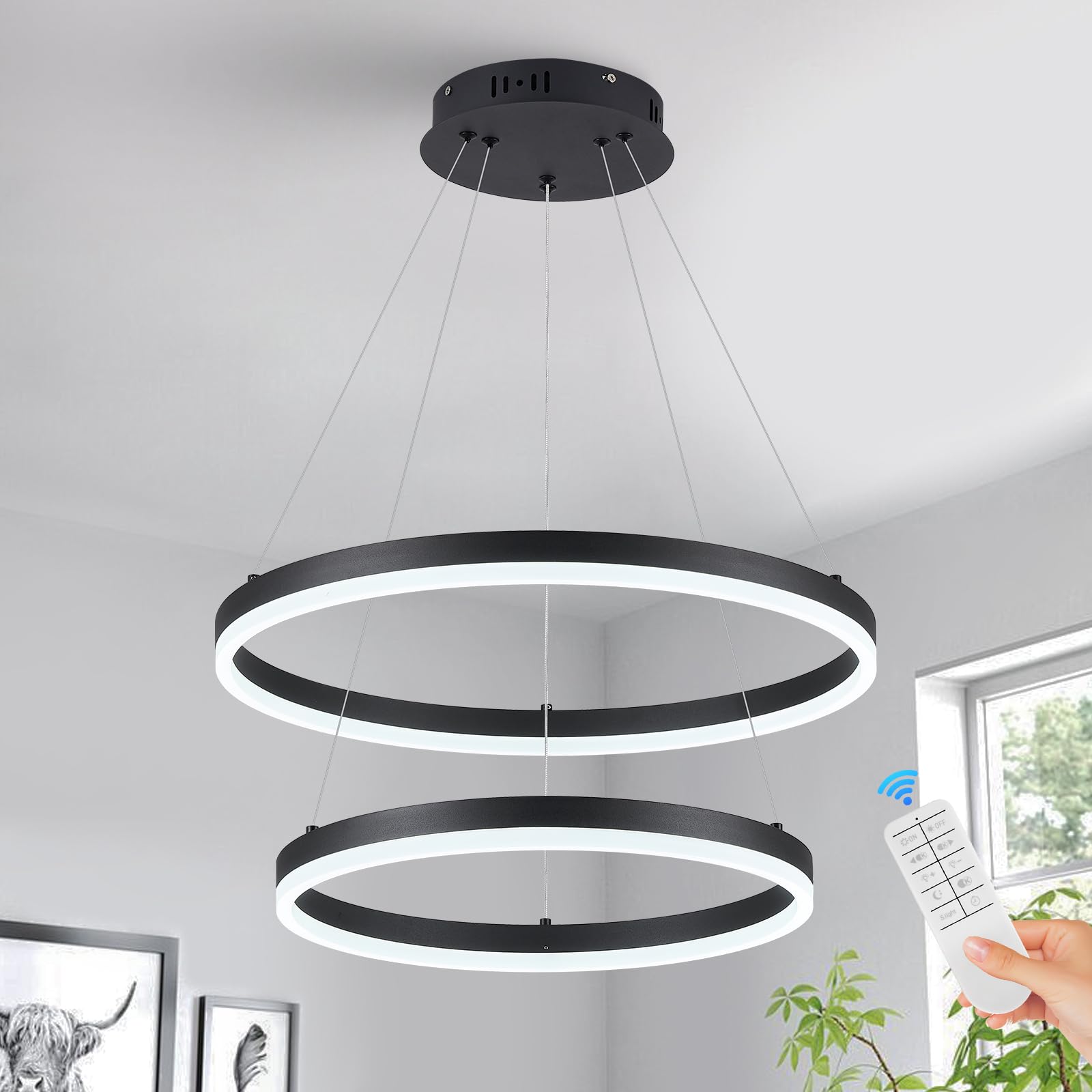 Benkut 2-Rings Modern Led Chandelier Black For Dining Room, Circular Flush Mount Ceiling Chandelier Light Dimmable Pendant Light With Remote Control For Living Room Entrance Foyer, 3000K-6500K
