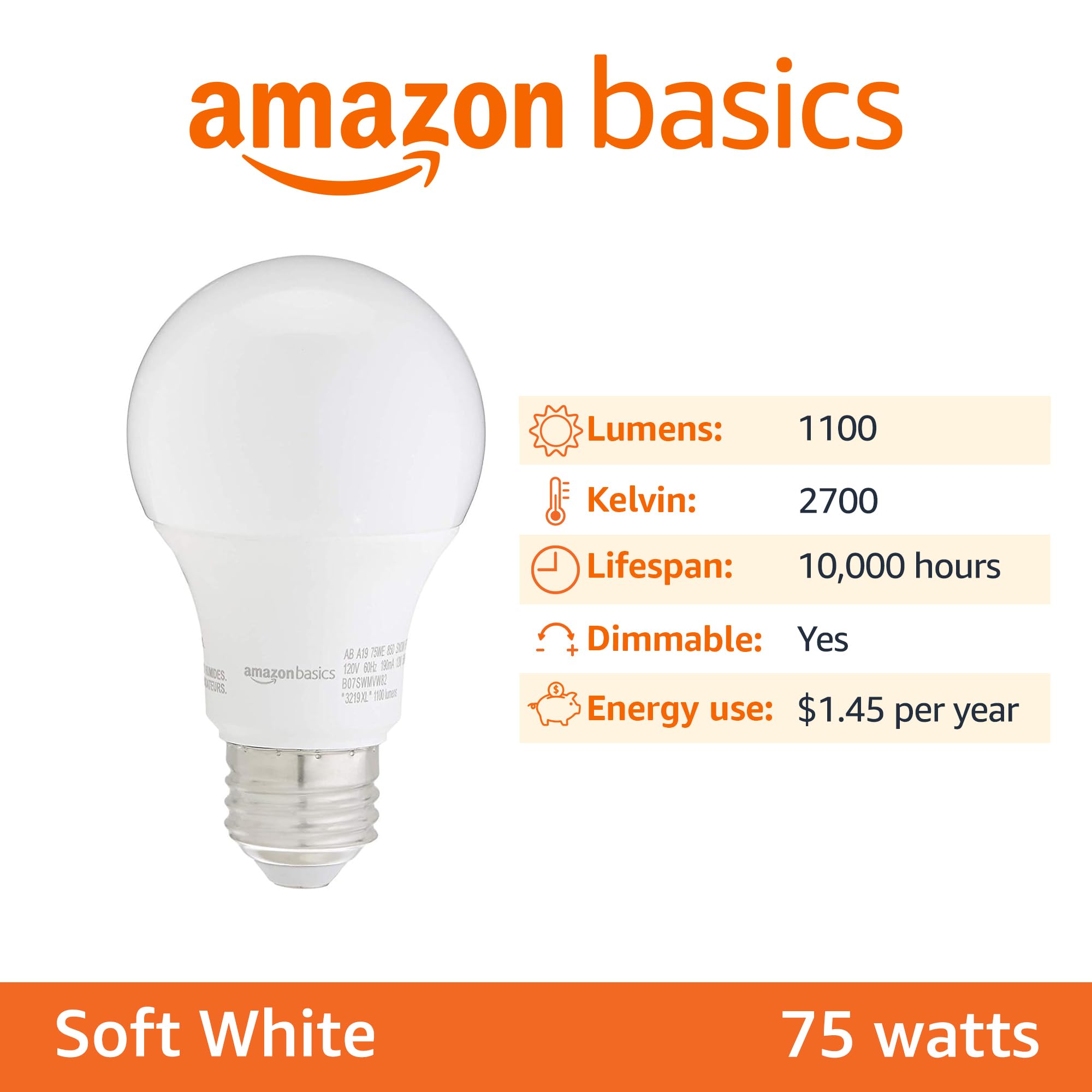 Amazon Basics A19 LED Light Bulbs, 75W Equivalent, 12W Energy Efficient, Soft White 2700K, Dimmable, 6-Pack
