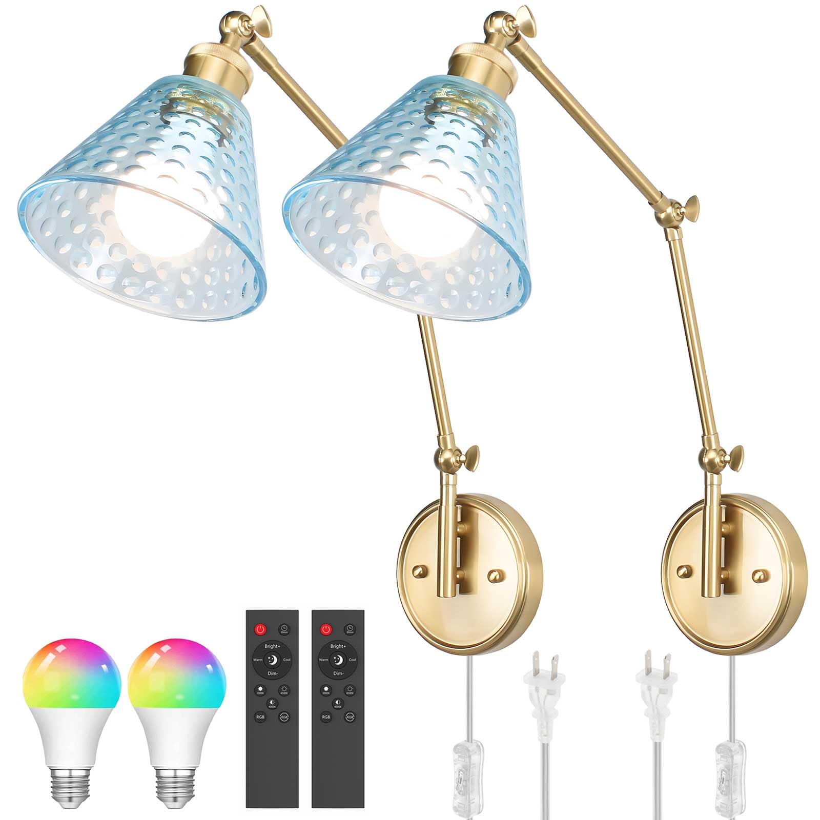 BARSUNS Swing Arm Wall Sconce Set of 2, Metal, Gold & Blue, Adjustable Brightness, Remote Control, Model BS-WL351YB-B2