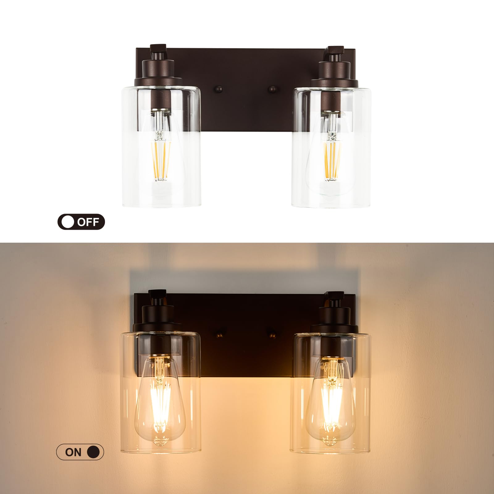 ALAISLYC 2-Light Bathroom Vanity Light Fixtures, Modern Bronze Metal, Clear Glass Shade, Model JF116, Ideal for Mirror and Hallway
