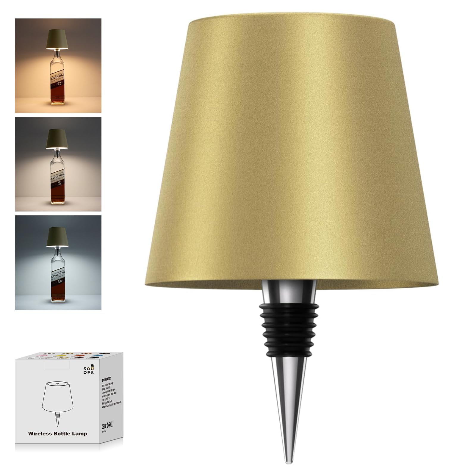 SOUDFK Wireless Bottle Lamp, 2025 New 3 Color Rechargeable Wine Bottle Lights for Bars Restaurants (Placer Gold, 1PC)