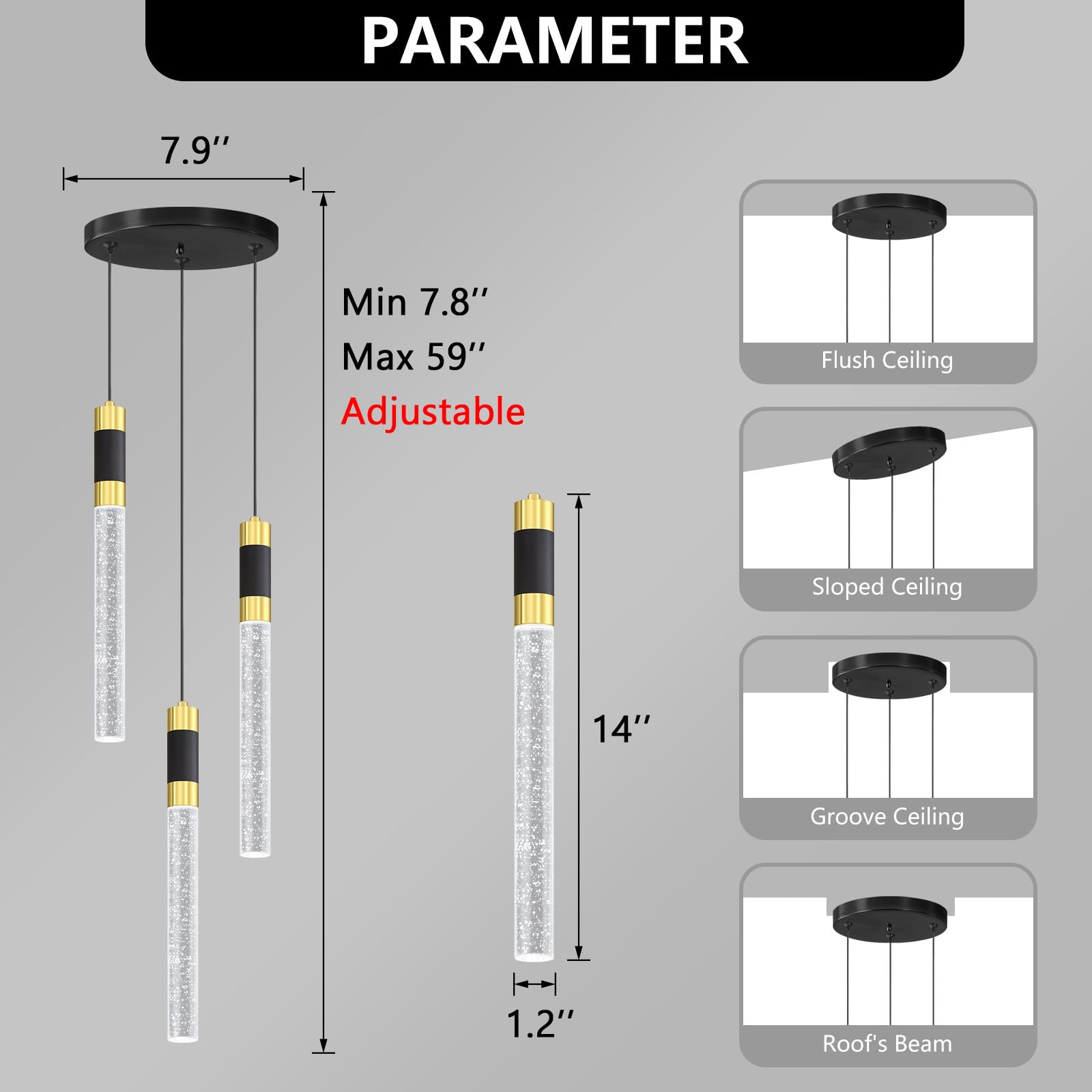 Cenozo Modern 3-Light LED Pendant Light - Dimmable, Remote Control, 3000K-6000K, Black - Kitchen Island Fixture, Model RS8002-3tou-y