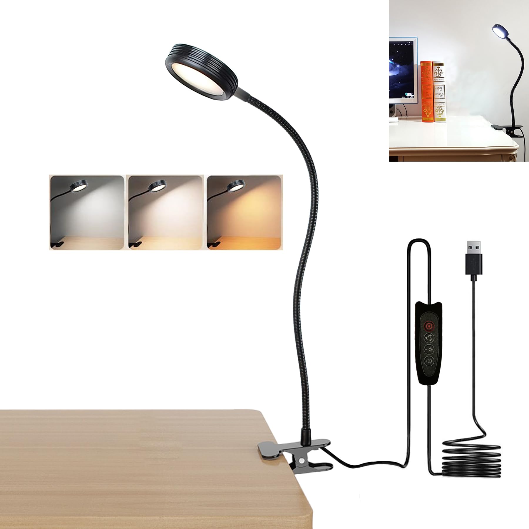CRISETEK USB Clip-On Desk Lamp with 3 Color Modes, Adjustable Brightness, Flexible Gooseneck, 1 Minute Timer, Book Light for Kid