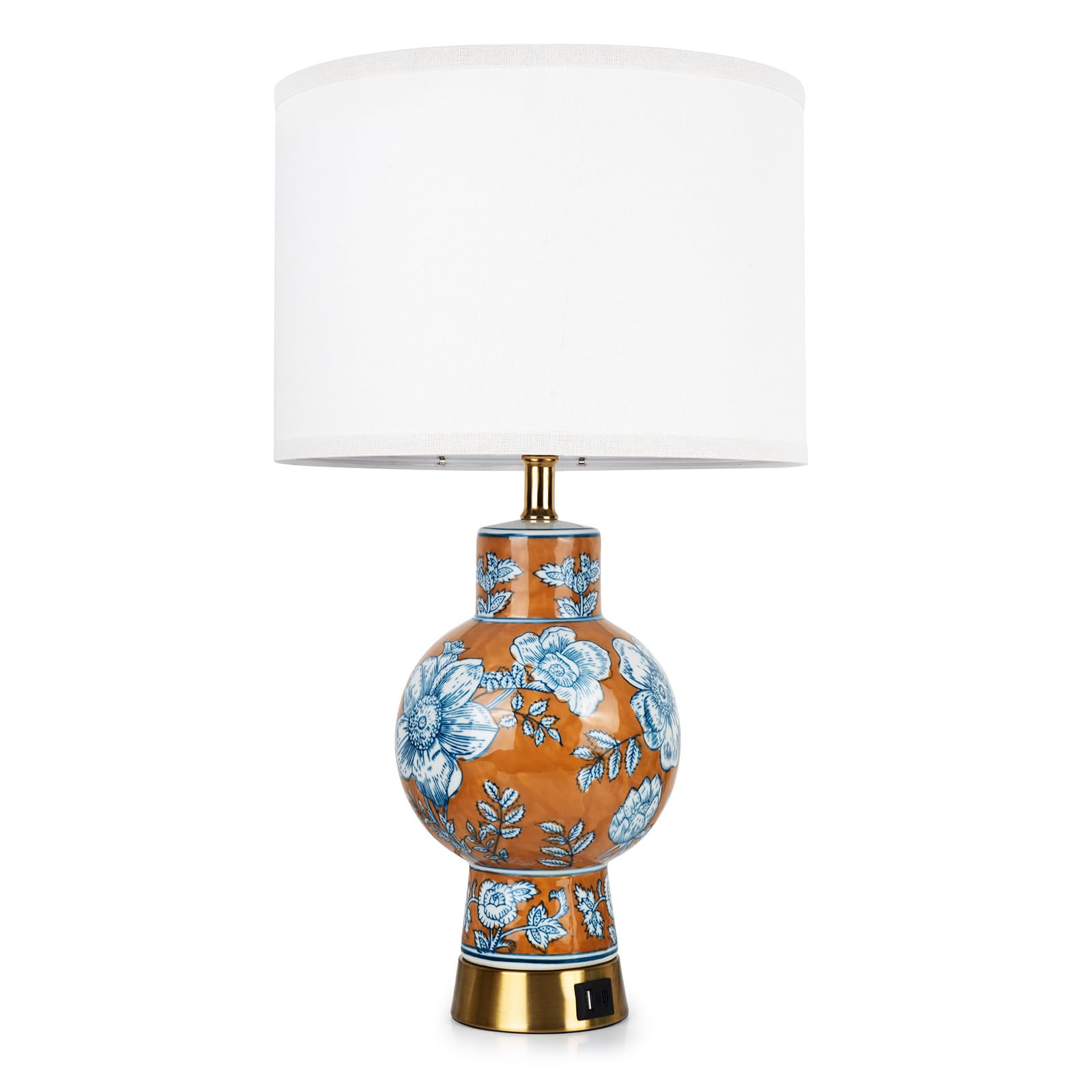 EOEYYOYB Table Lamp - Vase Design, Linen Material, Type-C & USB Ports, Orange, Model 1987, Ideal for Bedroom & Office