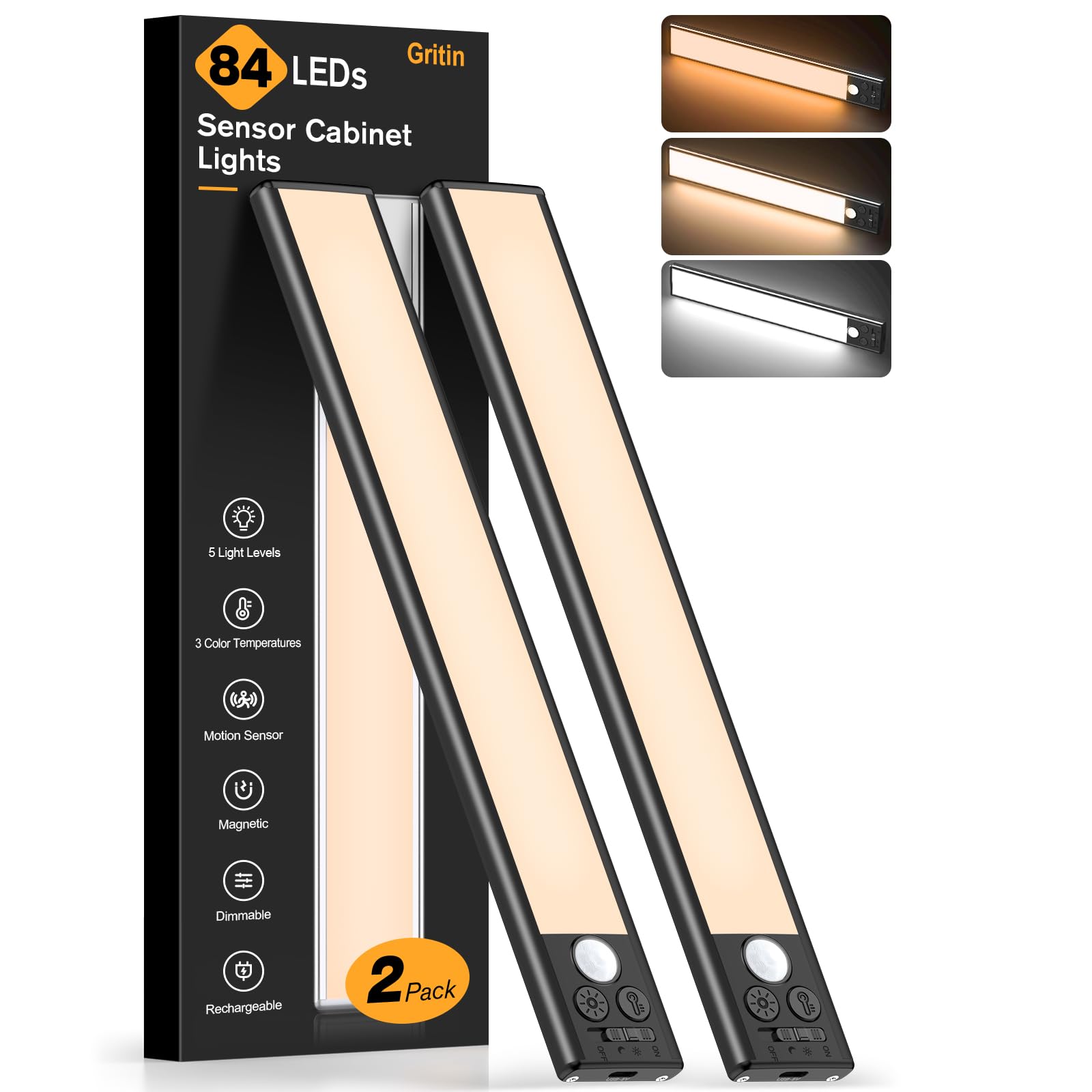 Gritin Under Cabinet Lighting - 10.2 inch, 84 LED, Rechargeable, 3-Color, Motion Sensor, Aluminum, Black, Model G1358, 2 Pack