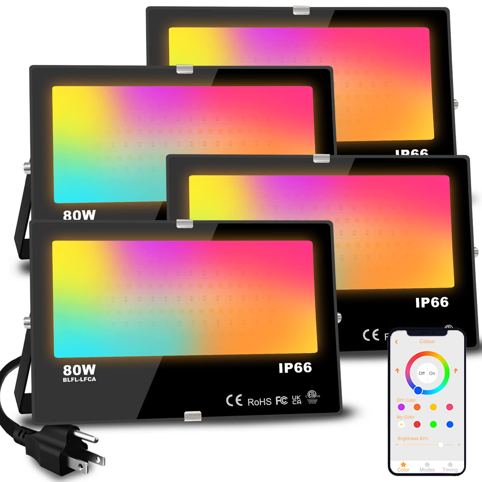 MELPO LED Flood Light 800W Equivalent, 8000LM, RGB Color Changing, 4 Pack, IP66 Waterproof, Warm White 2700K, Metal, Model BLFL-L