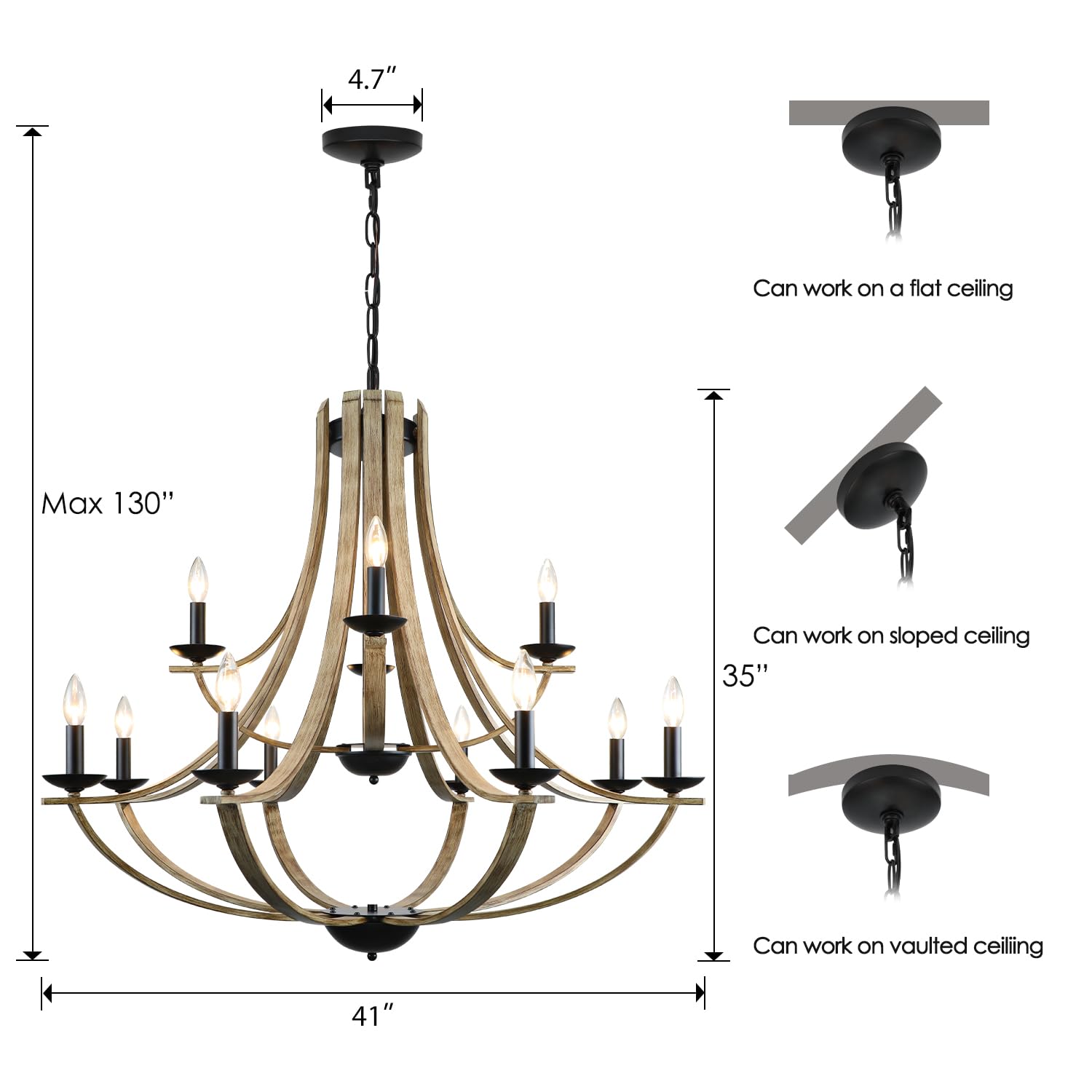 LAMPKEDUO Farmhouse 2-Tier Chandelier, 12-Light, Adjustable Height, Rustic Faux Wood, Black, Model S9901-8+4