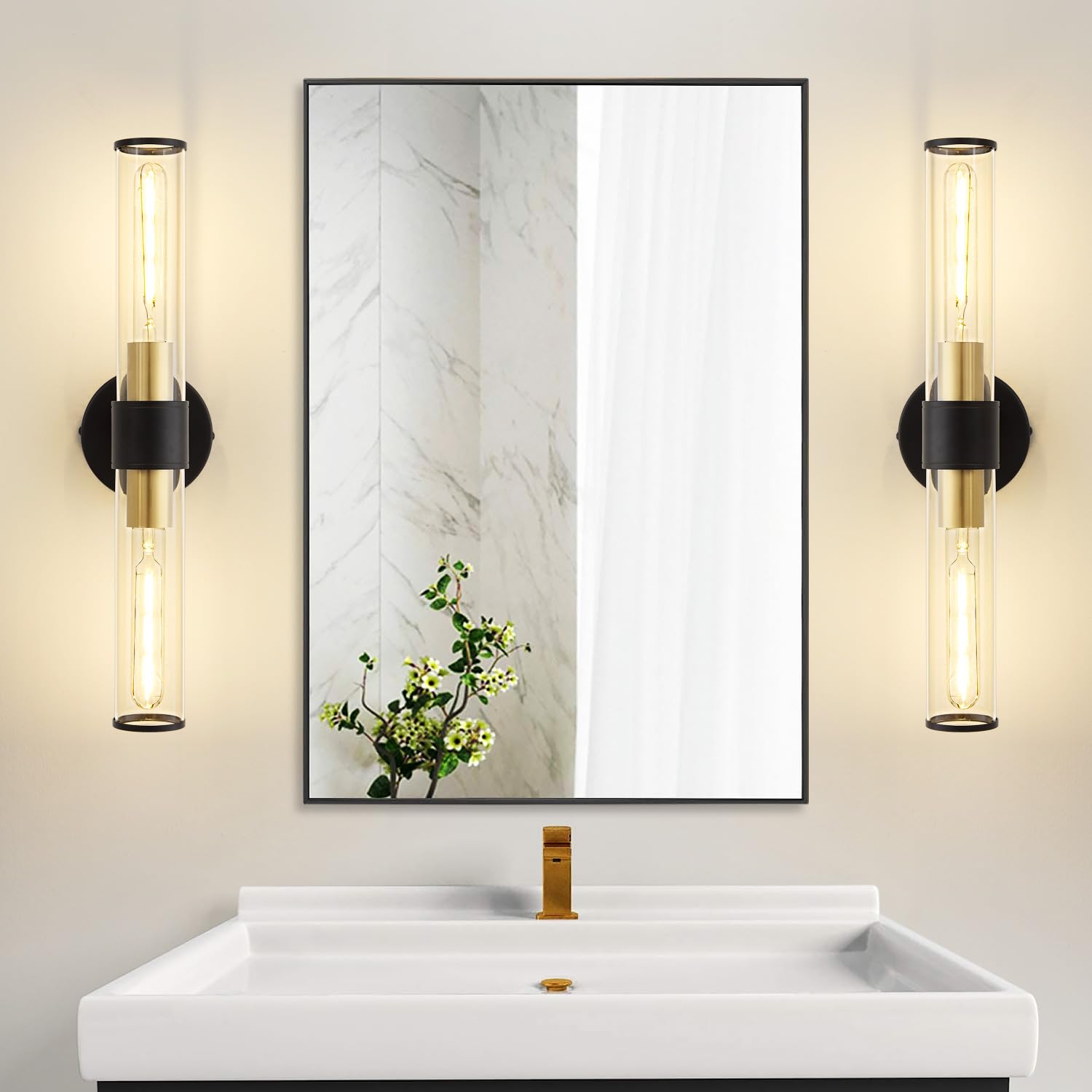 Vaziden Black And Gold Wall Sconce  Bathroom Light Fixtures In Clear Glass Indoor Wall Sconces  Modern Sconce Wall Lighting Up And Down Vanity Lights Fixtures For Bathroom - Bulb Not Included