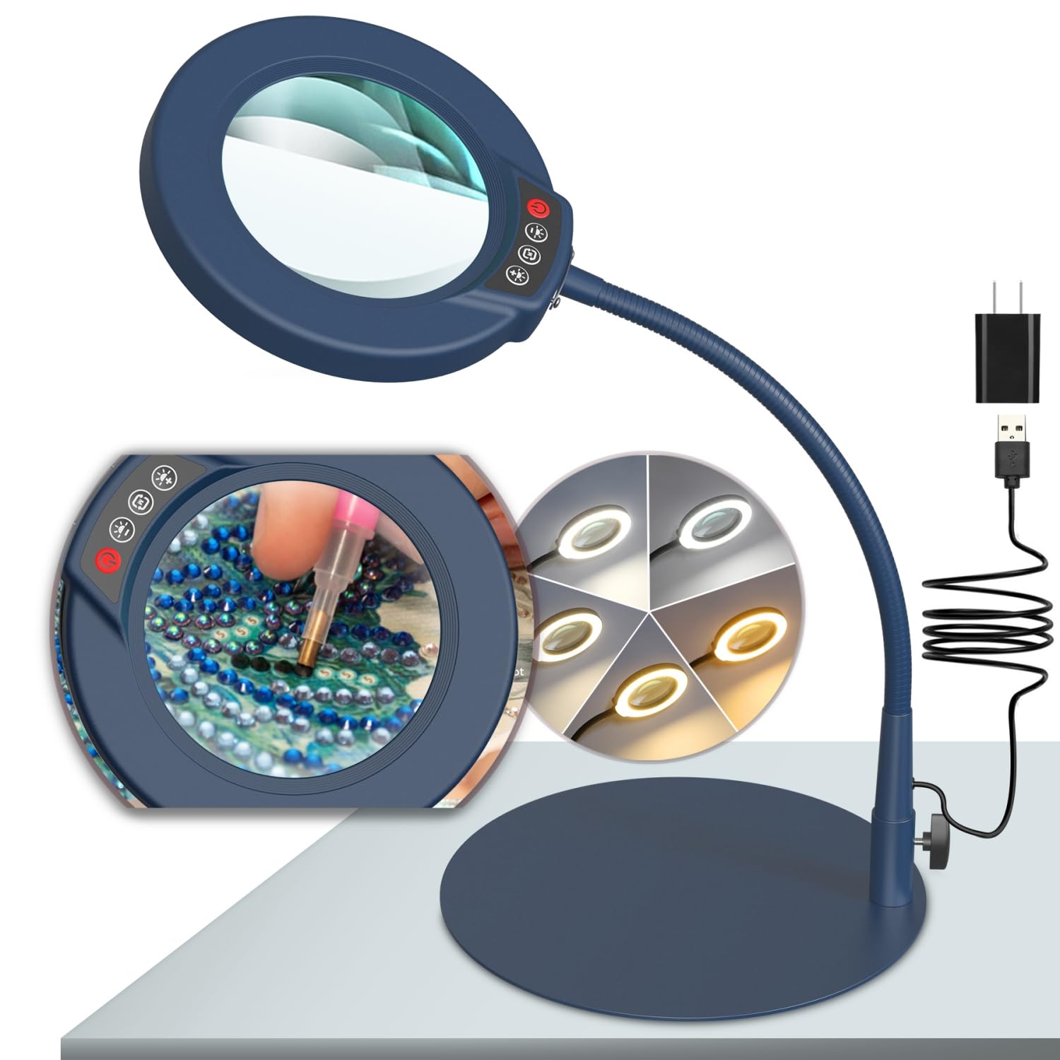 Krstlv 10X Magnifying Glass with Light, Stepless Dimmable LED, Gooseneck Design, Blue, Model EG906