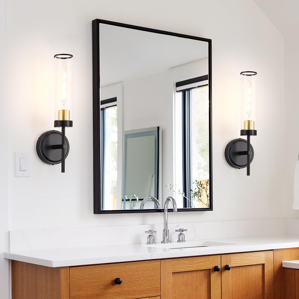 Wall Sconces Set Of Two  Black And Gold Bathroom Sconces Wall Lighting With Clear Glass  Modern Sconces Wall Decor Set Of 2  Farmhouse Wall Mount Lights For Mirror Bedroom Living Room Hallway Kitchen