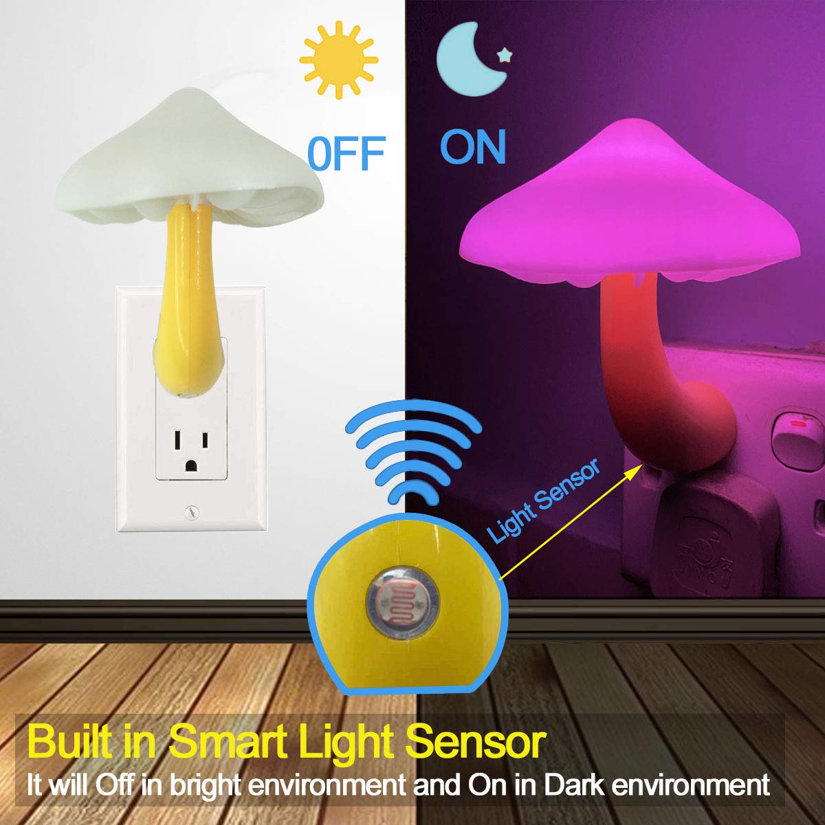 UTLK Plug-in LED Mushroom Night Light with Dusk to Dawn Sensor, 7-Color, Plastic, Model NL558 for Kids and Children