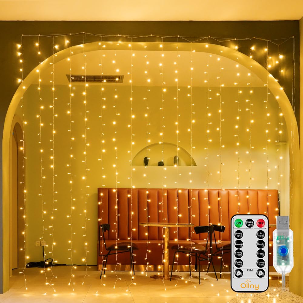 Ollny Curtain String Lights, 300 LED, 9.8FT x 9.8FT, Outdoor Waterproof, Remote Timer, 8 Modes, Warm White, Model W0103M