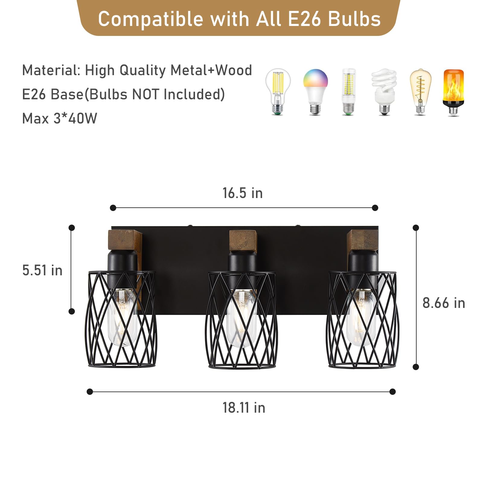 Farmhouse Bathroom Light Fixtures, Wood Bathroom Lighting Fixtures Over Mirror, 3-Light Vanity Light Fixture with Cage Metal Sha