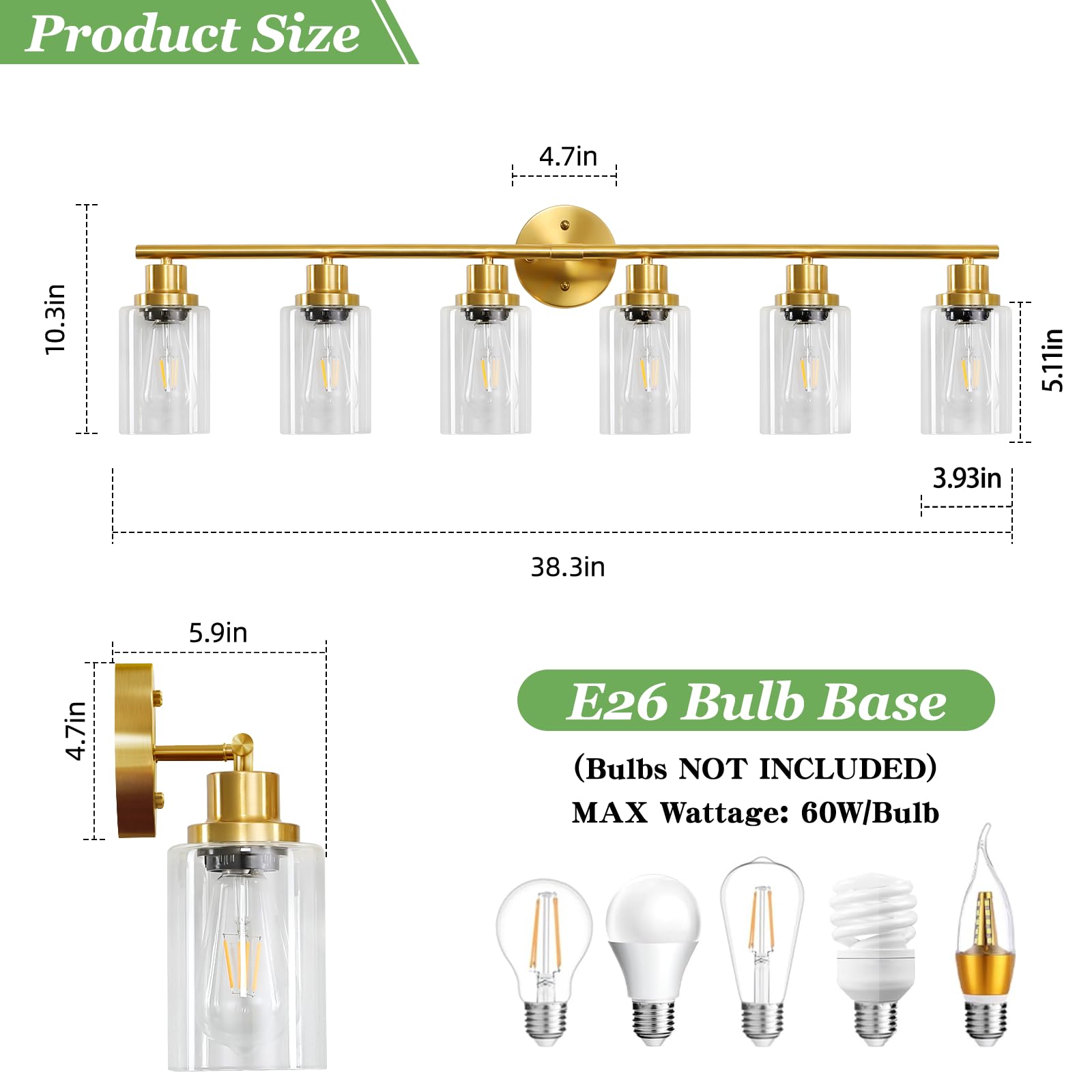 Guliaofo 6-Light Bathroom Vanity Light Fixture, Brushed Gold Metal with Clear Glass Shade, Model Gu-111-QGJ-6