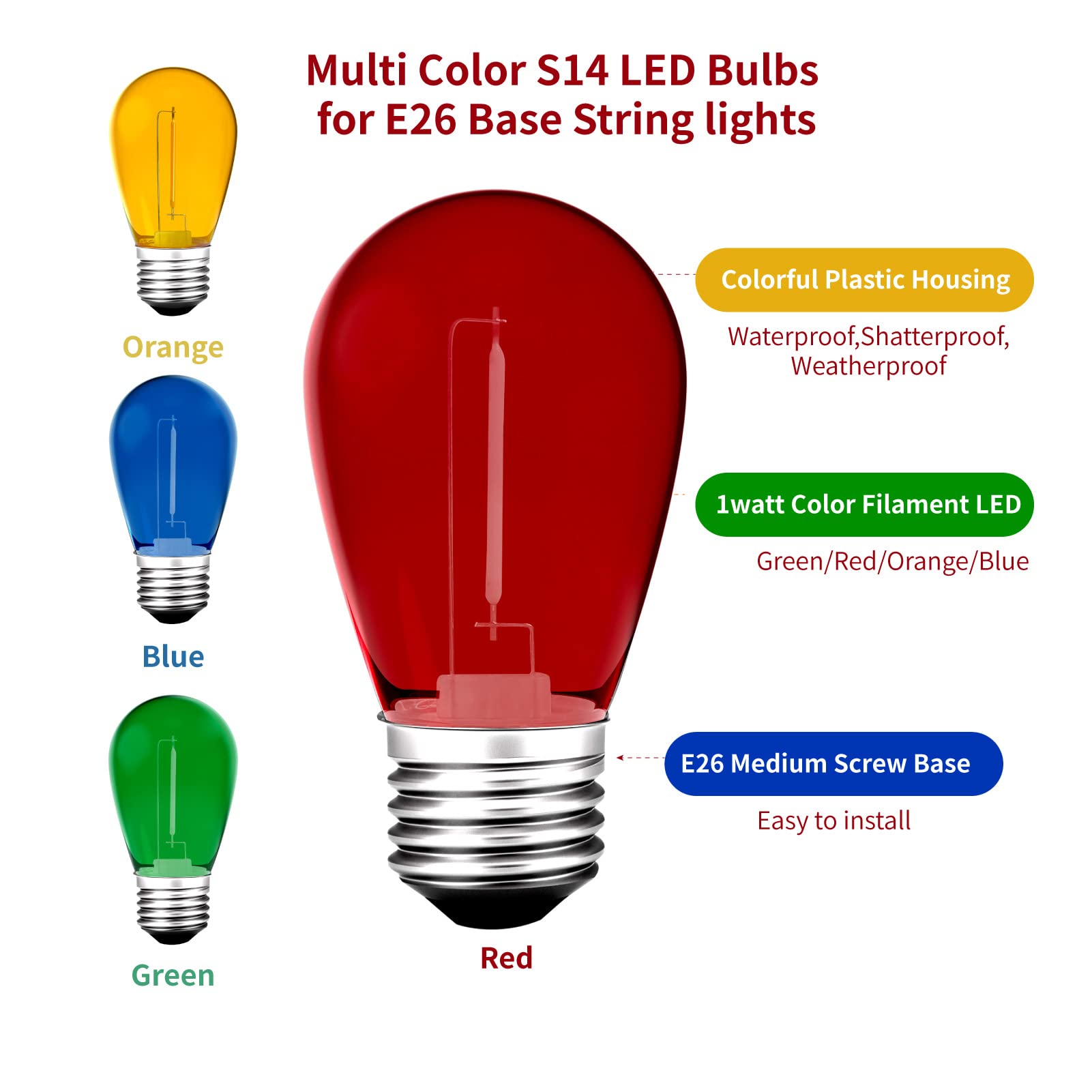 Meconard 24-Pack S14 Colored LED String Light Bulbs, Shatterproof, Waterproof, E26 Base, Multi-Color for Indoor/Outdoor Home Decor