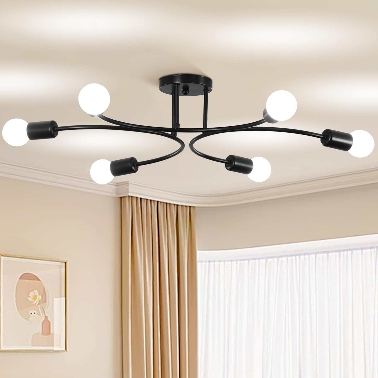 Frixchur Modern Sputnik Chandelier Ceiling Light Fixture, 6 Light Chandeliers Black Mid Century Industrial Metal Flush Mount Cei