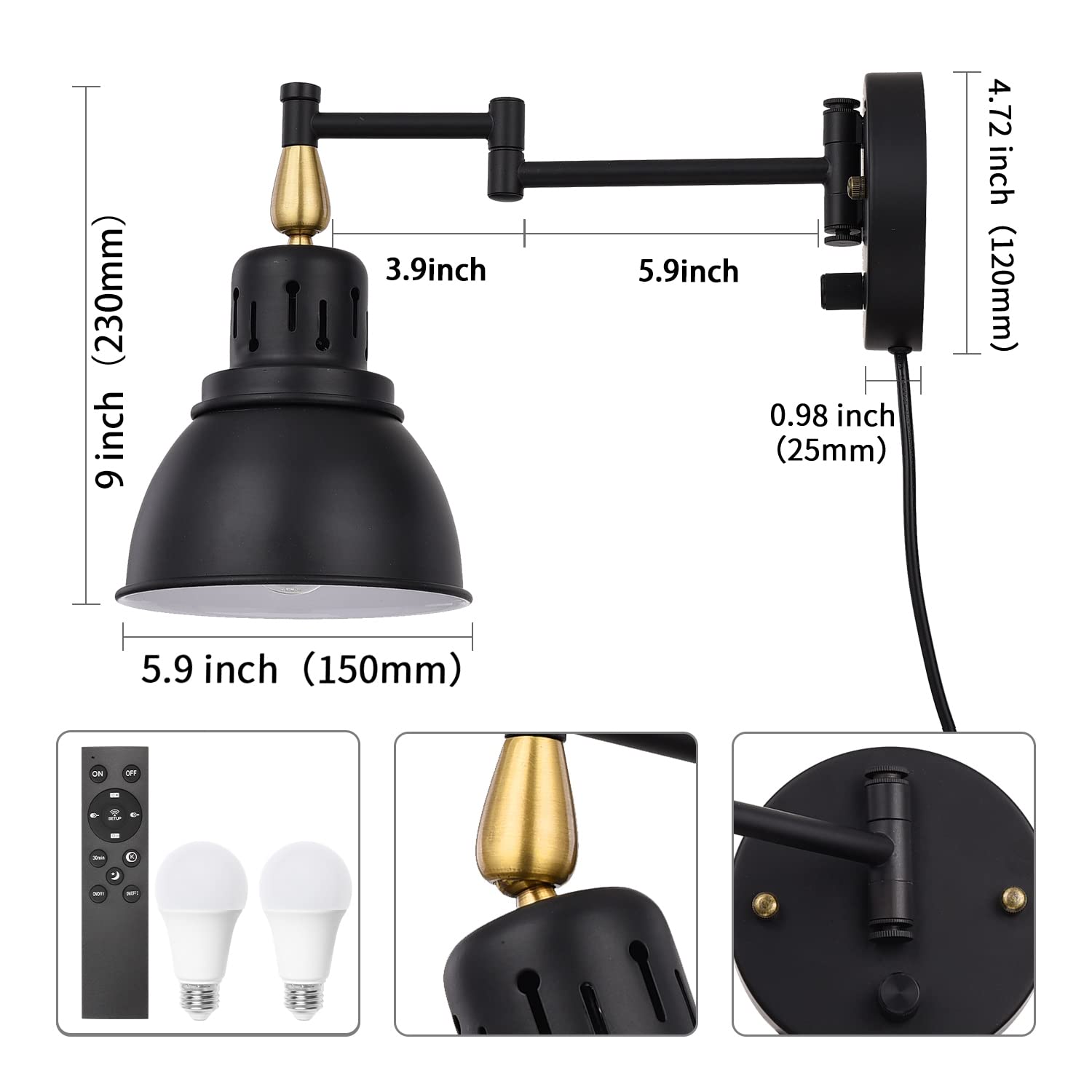 TRLIFE Wall Sconces Plug-in, Remote Control, Dimmable, Adjustable Color Temperature, 2 Pack, Black, Arm-W02-2Re
