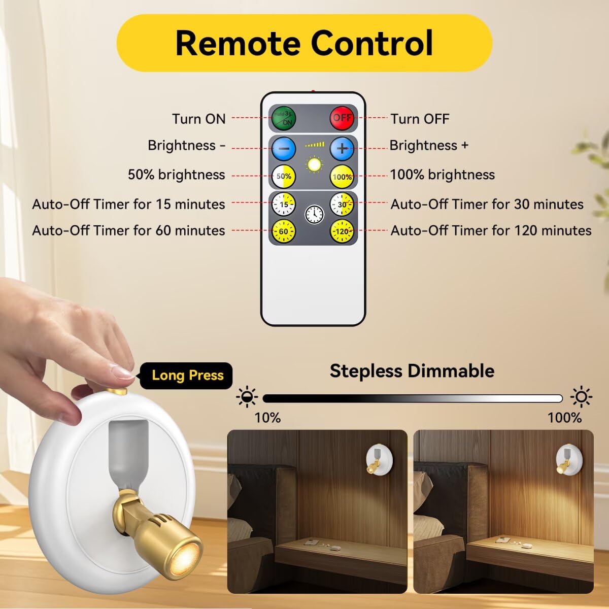 Ler0ktr Rechargeable LED Spotlight - Wireless Mini Accent Light with Timer Remote, 2 Pack, White, Model SL-BG-22