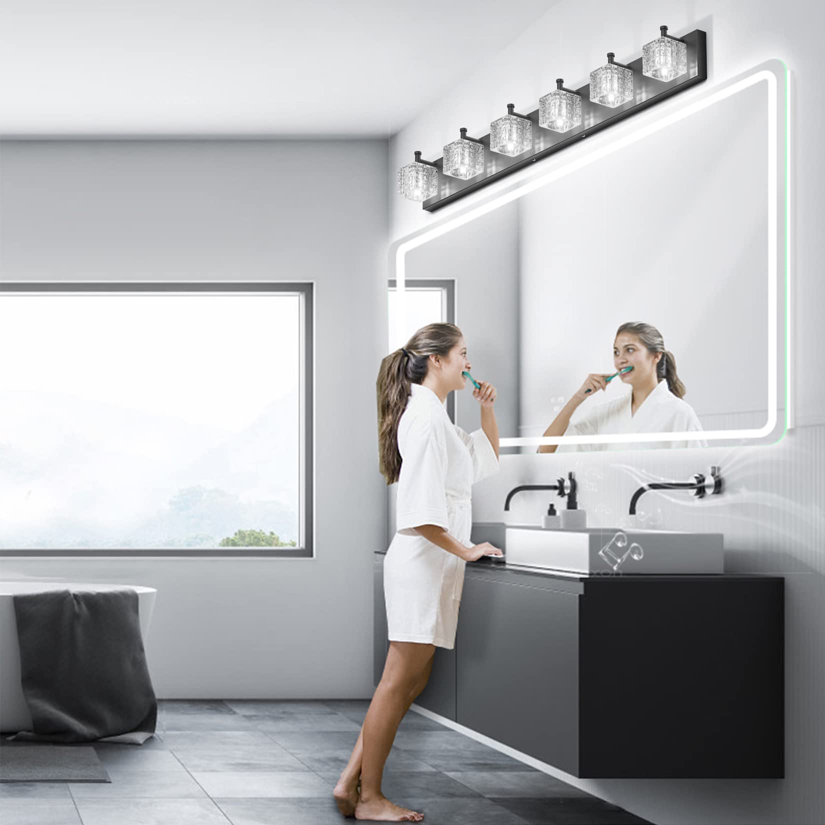 Ralbay 6-Light Black Bathroom Vanity Light, Modern Crystal LED, 40 inch, Matte Black, Model 9822ralbay