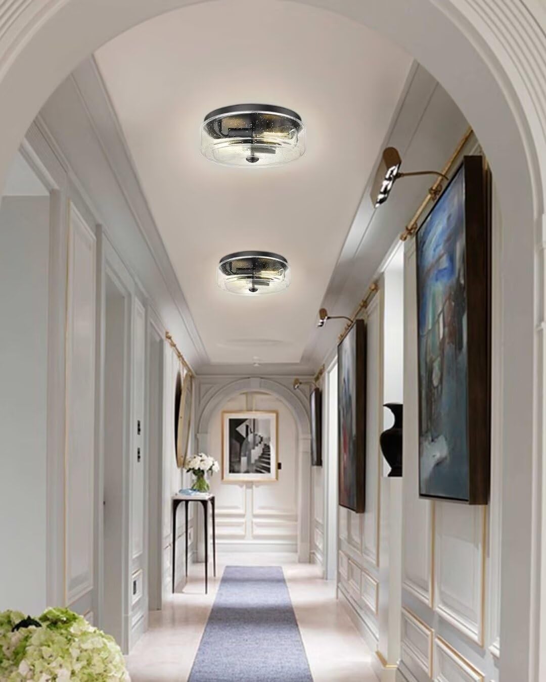 Foitton 2-Light Black Flush Mount Ceiling Light With Seeded Glass For Hallway, Kitchen, Bedroom