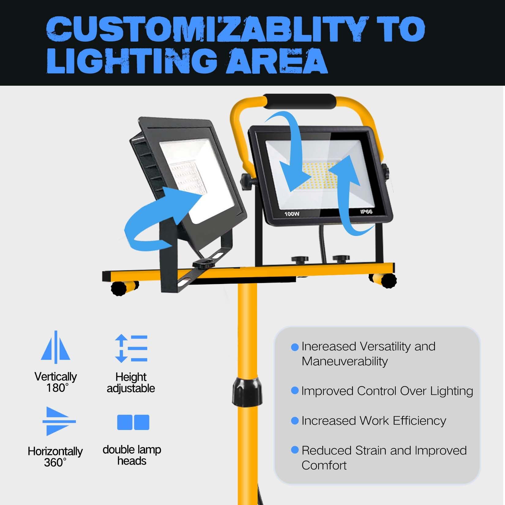 21000 Lumen Work Lights With Stand, 2 Adjustable Head Led Work Light, With Adjustable And Foldable Tripod Stand, Waterproof Lamp With Individual Switch With 6500 Kelvin Color Temperature (Yellow-2)