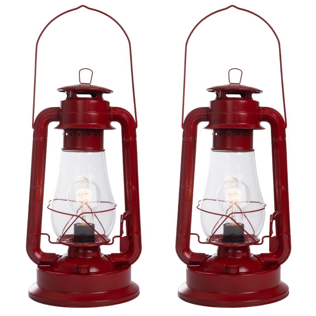 Rustic Farmhouse Lantern Table Lamp: Dimmable, Edison Bulb, Line Cord Dimmer - Large Body, Red Finish - Set Of Two - Ul Usa/Ulc 