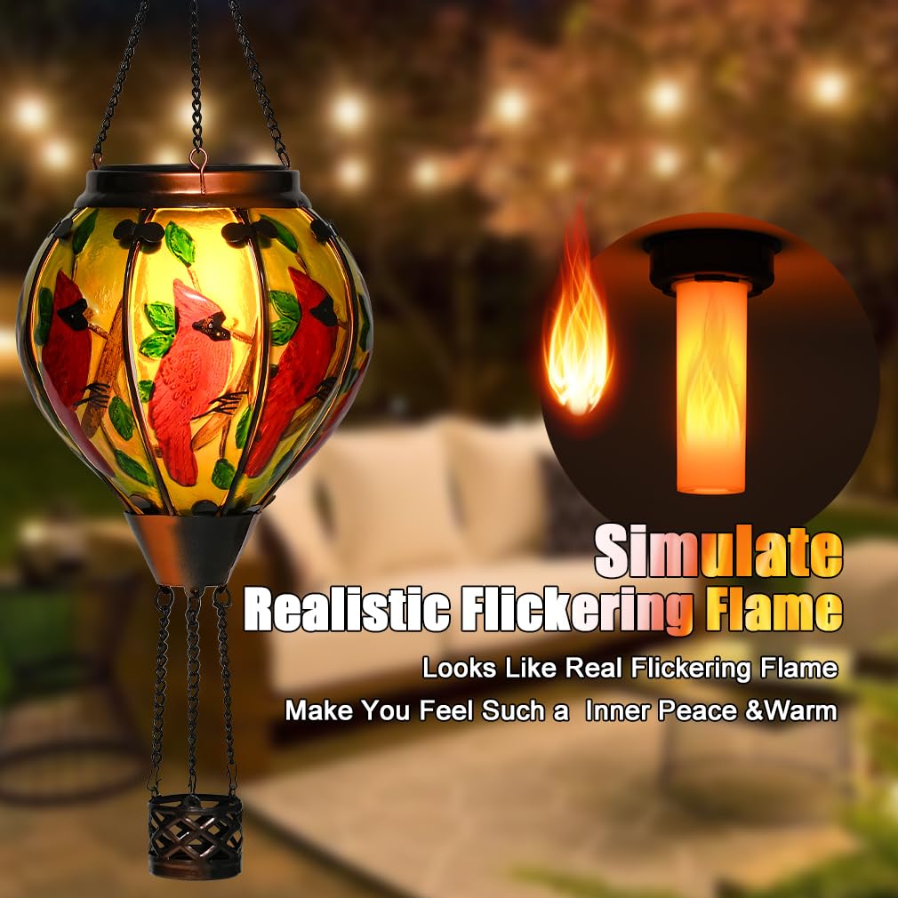 Hot Air Balloon Solar Lantern - Large Cardinal Bird Glass Lantern  Simulated Flickering & Dancing Flame  Big Outdoor Hanging Yard Light Waterproof Ip65 For Patio Lawn Porch Decor Gift