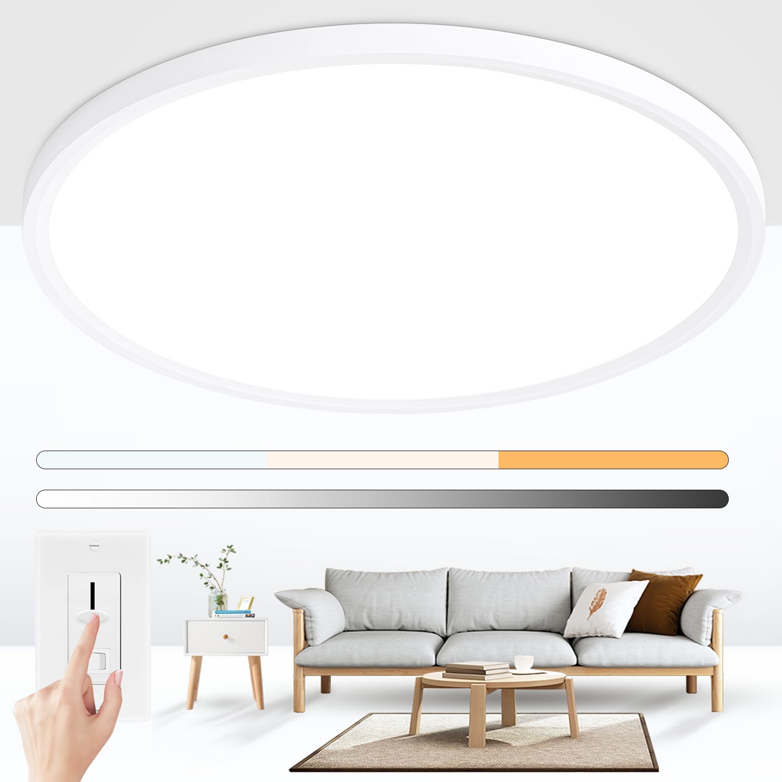 Glowall Modern 24'' Led Ceiling Light Fixture, Ultra Thin Flush Mount, Dimmable & 3000K/4500K/6000K Selectable, 48W 6000LM, Whit
