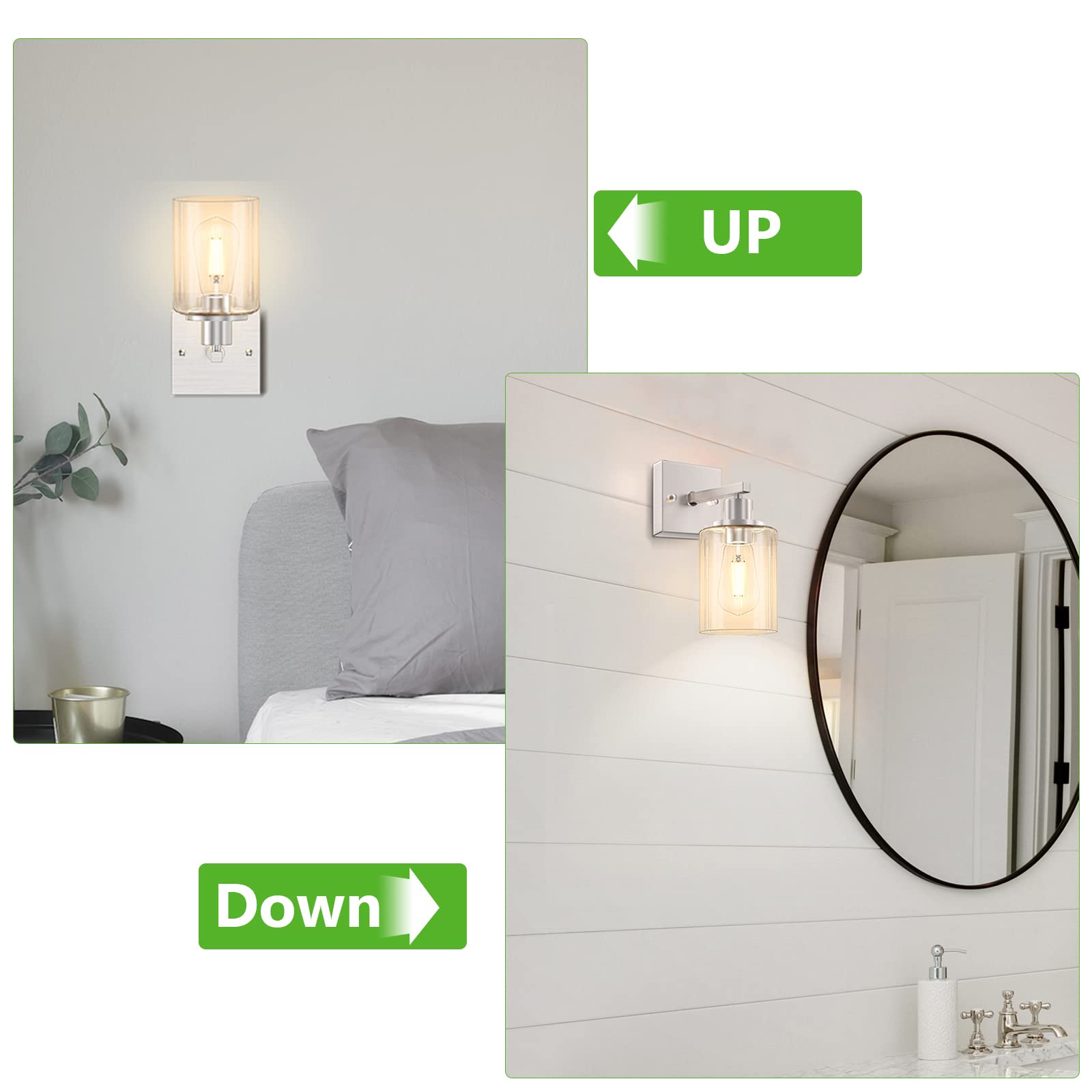 Licperron Wall Sconces Set of Two, Brushed Nickel, Metal, Clear Glass Shade, Industrial Design, Bathroom Vanity Lighting
