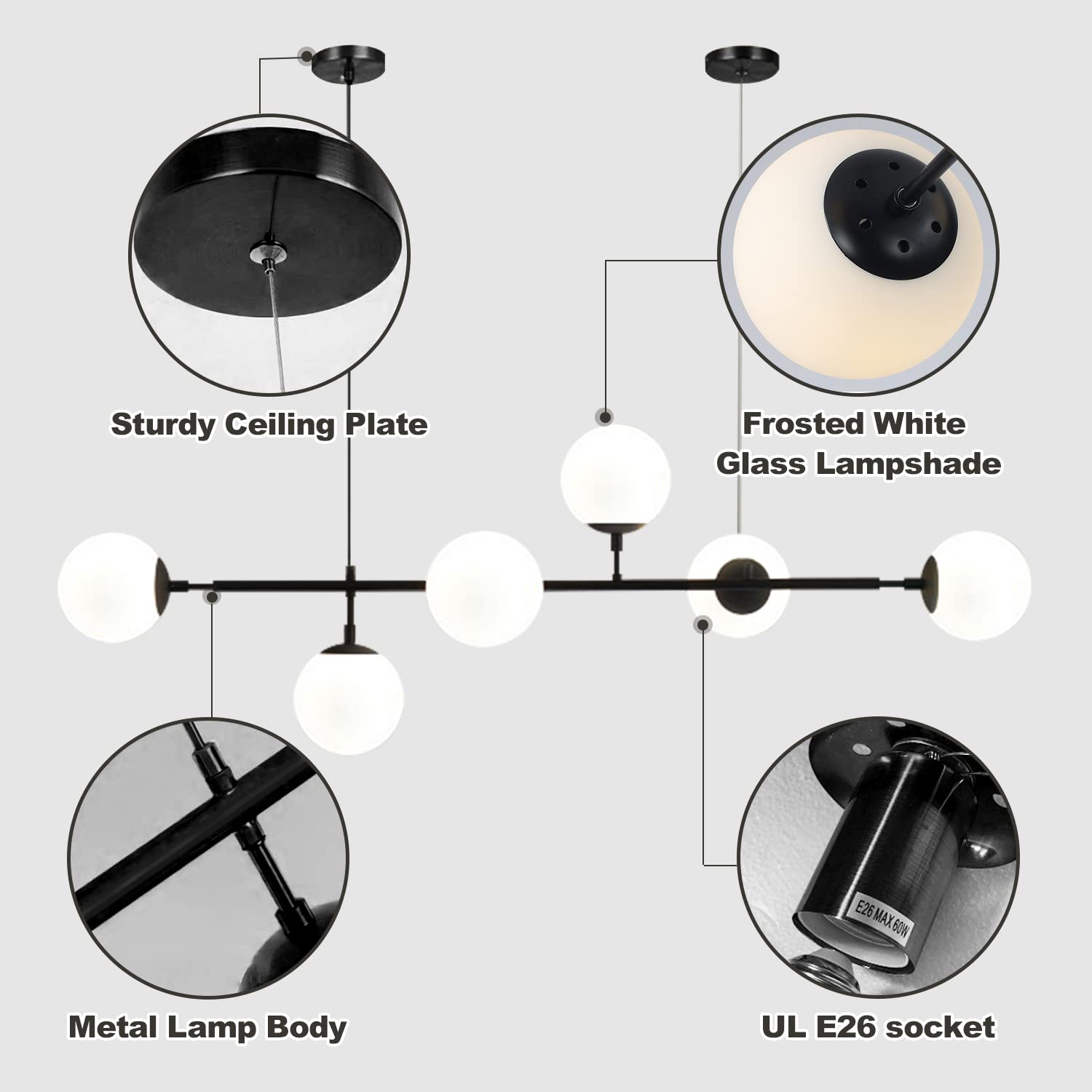 Kco Lighting Mid Century Modern Chandelier Black Linear Sputnik Pendant Light Contemporary 6-Light Glass Globe Chandelier Adjust