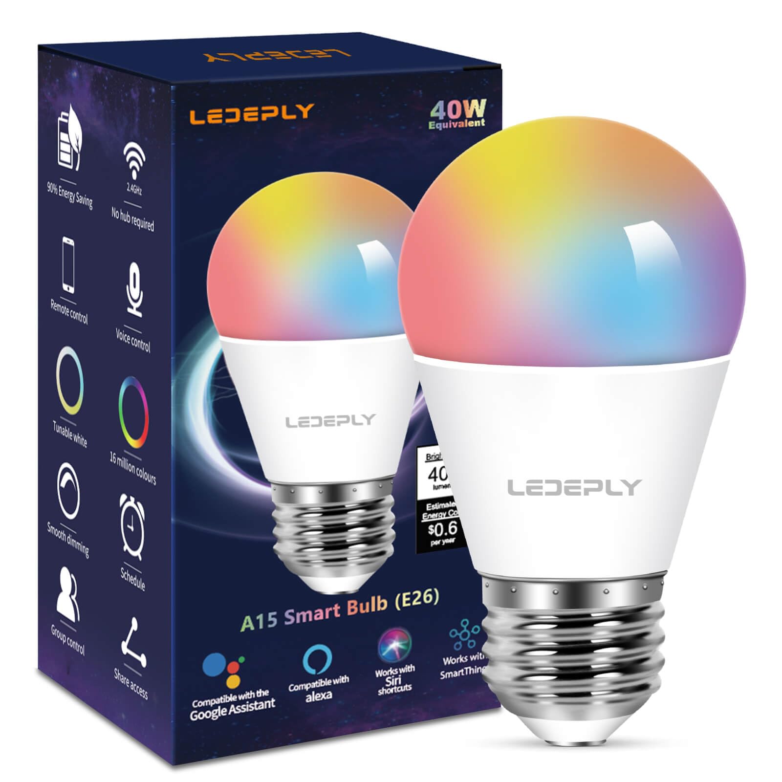 LEDEPLY A15 Smart Bulb, 5W=40W, Dimmable, Color Changing, E26, WiFi, Multi-colored, 1 Pack